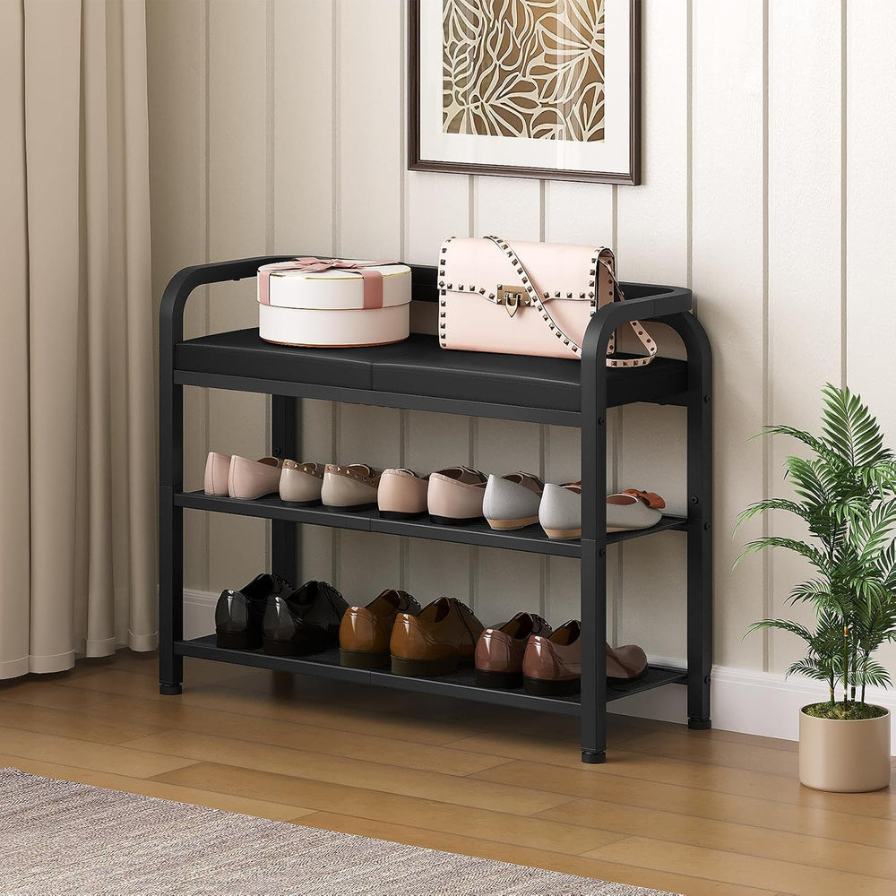 YATINEY Shoe Bench with Backrest, Entryway Bench, 2-Tier Shoe Rack with PU Pa...