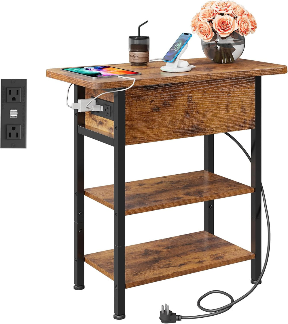 WLIVE End Table with Charging Station, Flip Top Narrow Side Table with Storag...