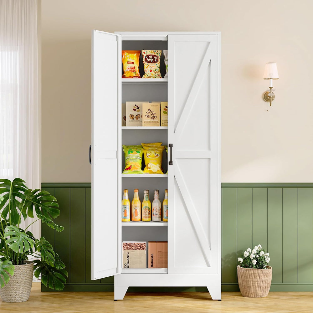 RAVIGIN Farmhouse Storage Cabinet,75" H Metal Pantry Cabinet with Barn D...