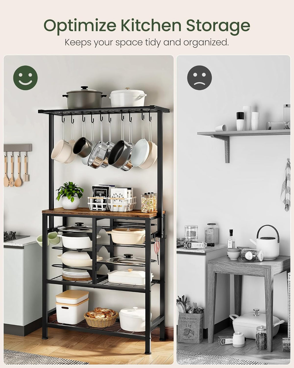 CHOEZON Pots and Pans Organizer Rack, Kitchen Bakers Rack, Multi-Tier Storage Shelf, Kitchen Island Table, Cooking Rack with Pots and Pans Storage, Rustic Brown and Black TPR60BF