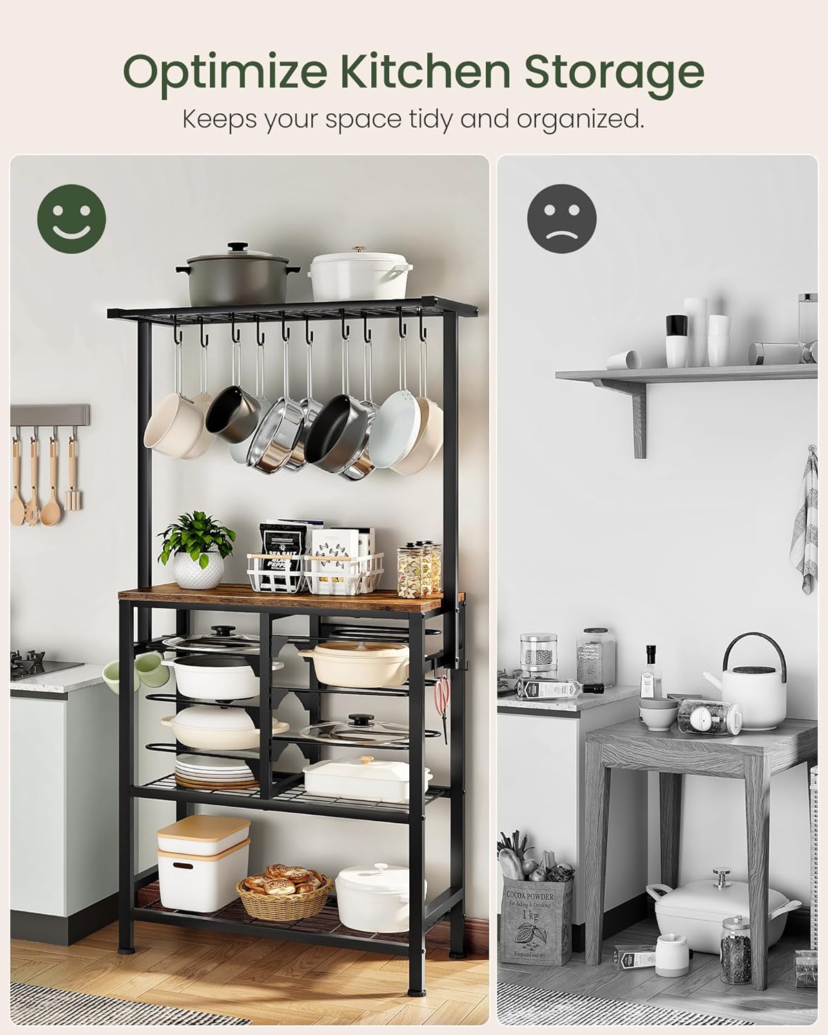 CHOEZON Pots and Pans Organizer Rack, Kitchen Bakers Rack, Multi-Tier Storage Shelf, Kitchen Island Table, Cooking Rack with Pots and Pans Storage, Rustic Brown and Black TPR60BF