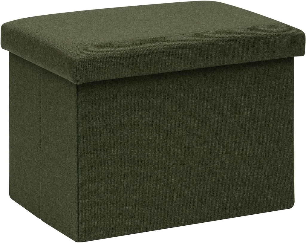 16.5 Inch Small Rectangular Storage Ottoman, Collapsible Footrest | Linen Fabric, Hidden Storage, Foldable Footstool with Padded Lid, Compact Size for Living Room, Bedroom and Dorm, Olive Green