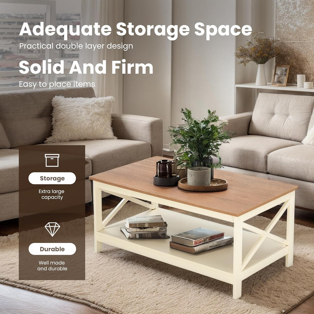 PHI VILLA White Farmhouse Coffee Tables with Storage for Living Room