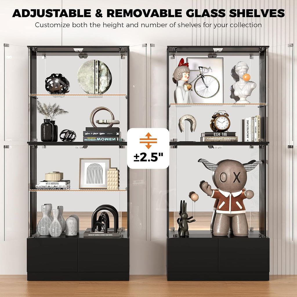VersionTECH. Display Cabinet with Glass Doors, 4-Tier Curio Cabinet with RGB Lights for Collectibles, Display Case with 2 Drawers, Adjustable Glass Shelves, Human Body Sensor, Mirror Backing, Black
