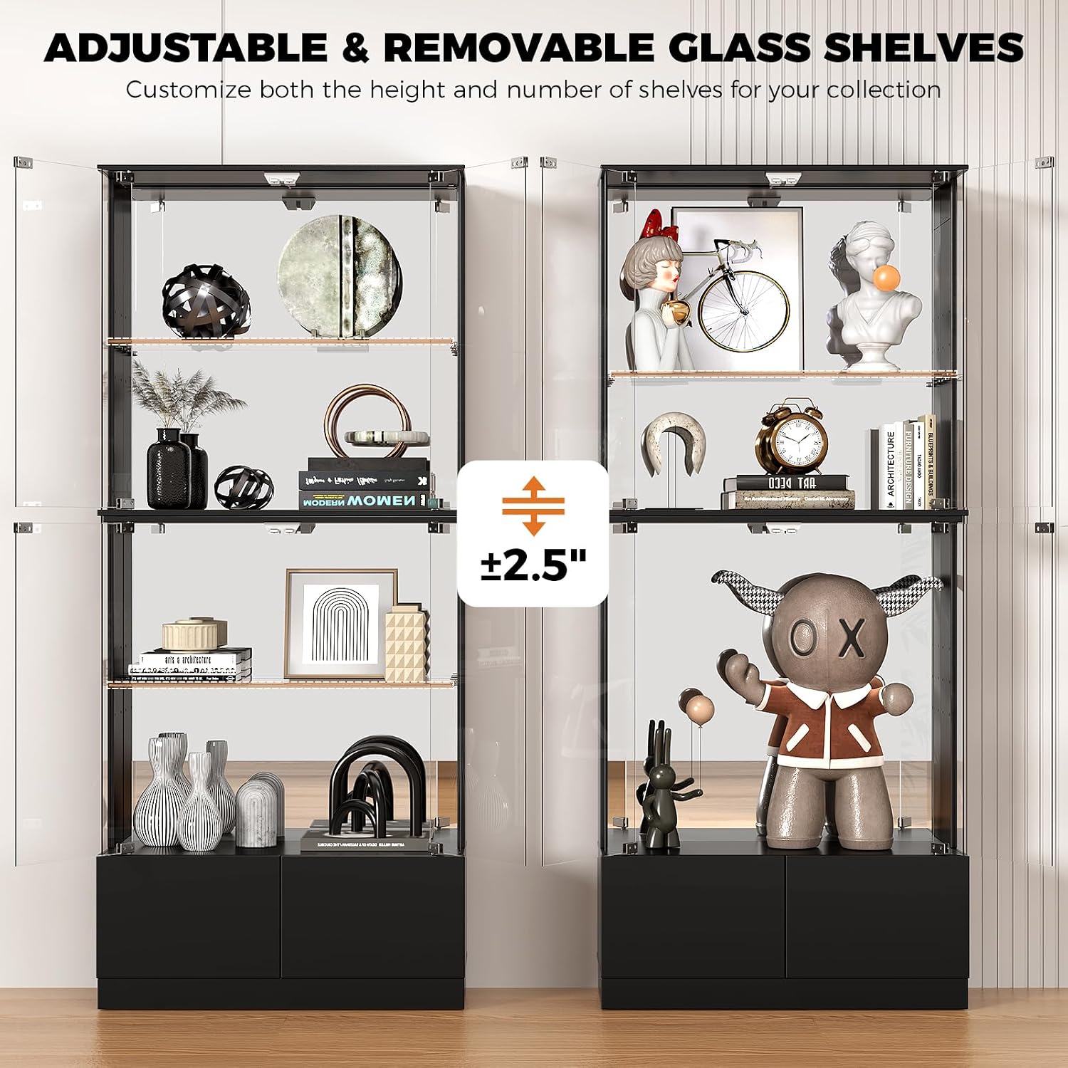 VersionTECH. Display Cabinet with Glass Doors, 4-Tier Curio Cabinet with RGB Lights for Collectibles, Display Case with 2 Drawers, Adjustable Glass Shelves, Human Body Sensor, Mirror Backing, Black