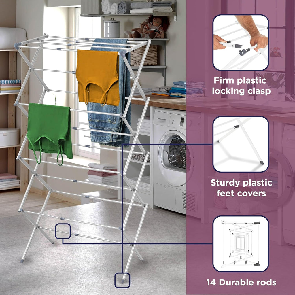 BLACK+DECKER 4-Tier Expandable Collapsible Clothes Drying Rack, Telescopic Height, Foldable Space-Saving Laundry Air Dryer for Towels, Shirts & Delicates – Durable Steel, No Tools Needed