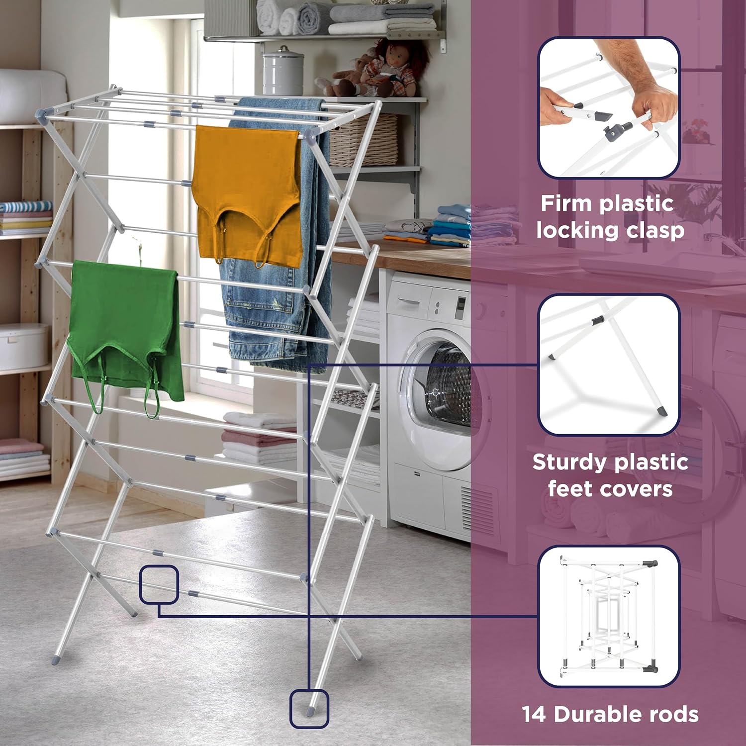 BLACK+DECKER 4-Tier Expandable Collapsible Clothes Drying Rack, Telescopic Height, Foldable Space-Saving Laundry Air Dryer for Towels, Shirts & Delicates – Durable Steel, No Tools Needed