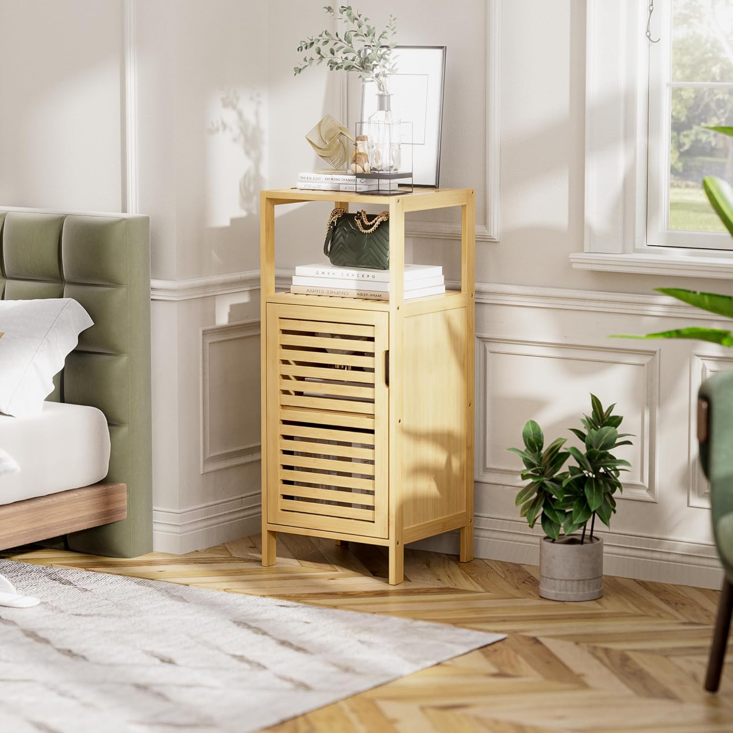 HITNET Bathroom Cabinet Freestanding, Small Bamboo Floor Cabinet, 4 Tier Single Door Sofa Side Table Storage Organizer, Space Saving Kitchen Cupboard, Natural