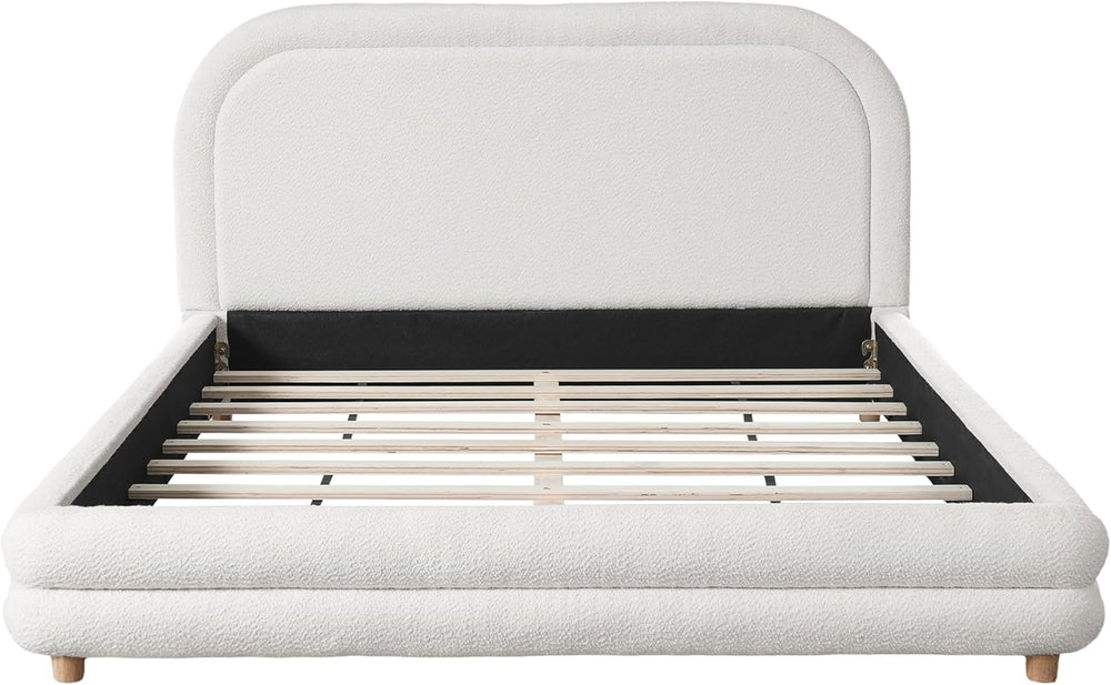 Virubi Queen Size Boucle Upholstered Bed Frame with Boucle Upholstered Thick ...