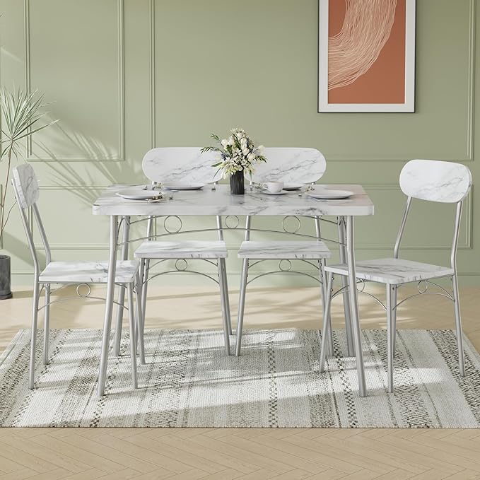 VECELO Dining Table Set for 4, 5-Piece Kitchen Table with 4 Chairs, MDF Board Tabletop with Metal Frame for Small Space, Compact Dinette, Breakfast Nook, Marble White