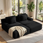 80'' Double Chaise Lounge Chair Indoor, Non-Assembly with Cup Holders 4pcs | Luxanimarion Deep Seat Sofa with Cup Holders Boneless Bed with 4pcs Pillows for Living Room Bedroom, Black- Corduroy