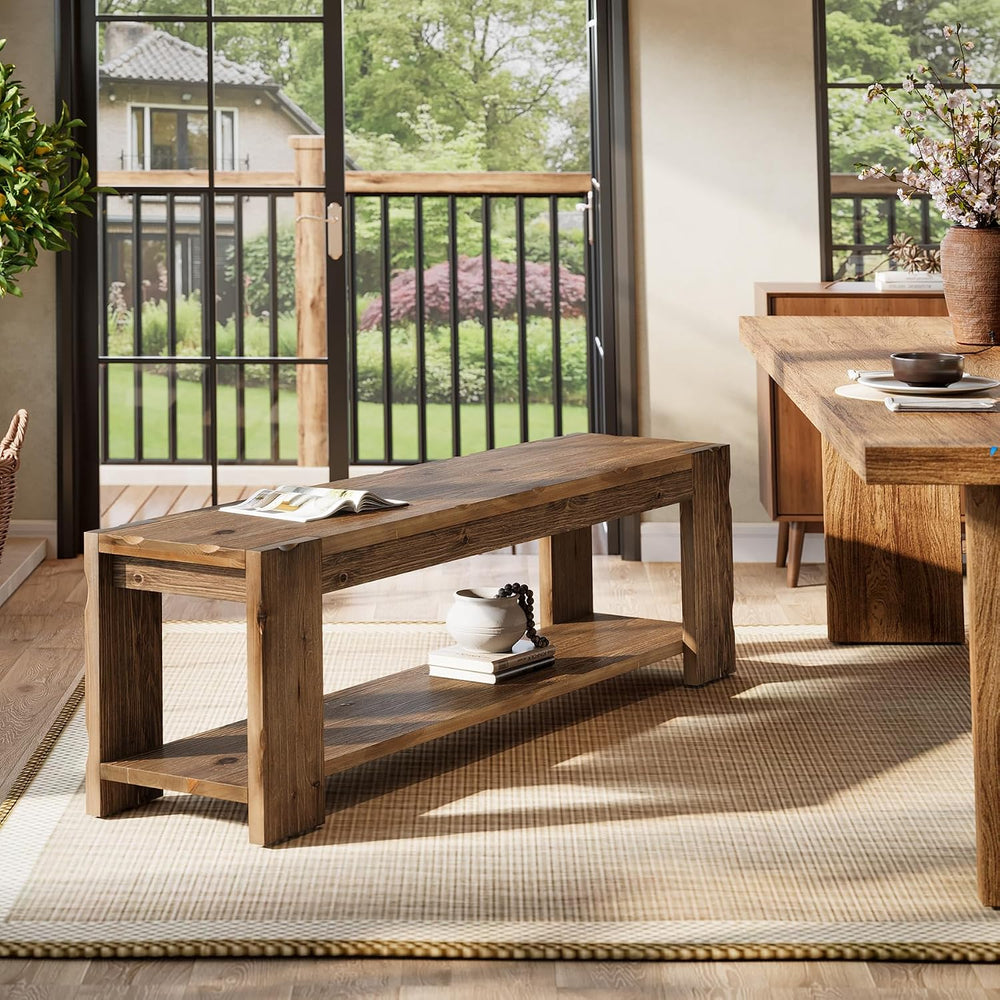Solid Wood Entryway Bench with Storage Shelf, 55.12-Inch 2-Tier Wood Shoe Ben...