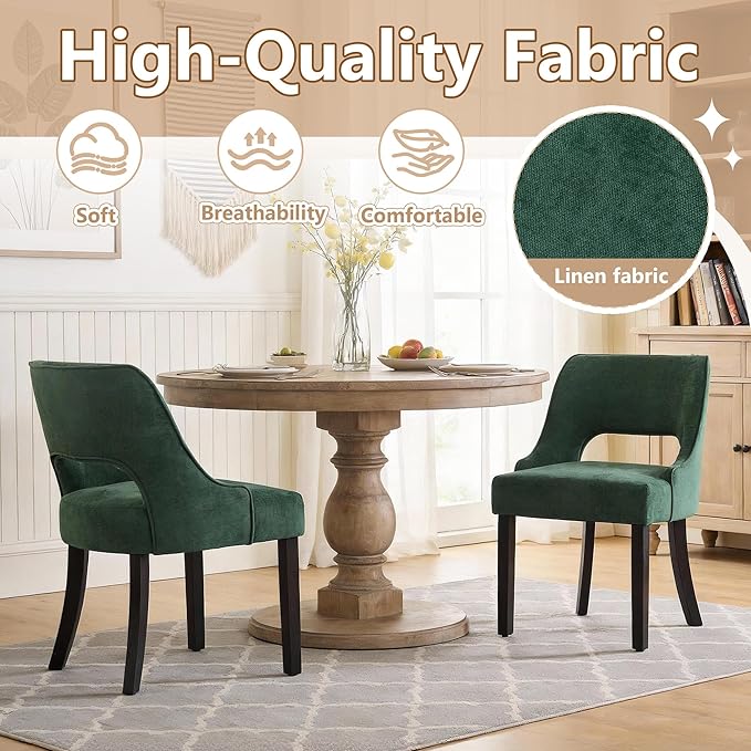 ClinQ Wooden Dining Chairs Set of 2, Modern Fabric Upholstered Kitchen Chairs Dining Chair, Mid Century Modern Chair for Kitchen Dining Room, Farmhouse Kitchen Chairs, Dark Green-Black Legs