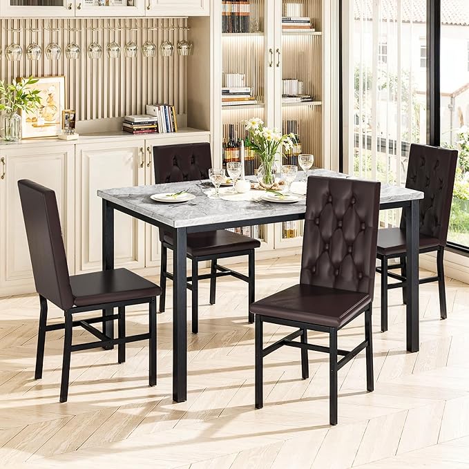 Hooseng Dining Table Set for 4, Faux Marble Small Kitchen Table Chairs Set of...