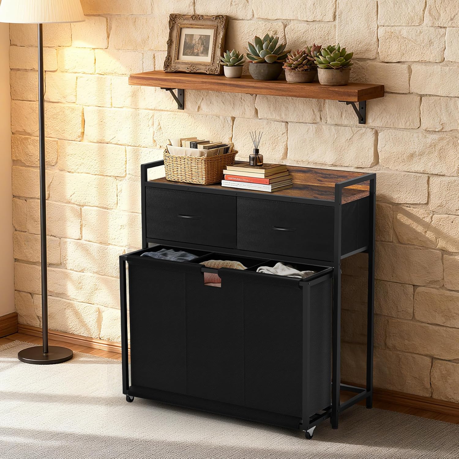 Laundry Hamper with 3 Section Rolling Bags, Laundry Sorter with Wheels, Laundry Basket with 2 Drawer for Laundry Room (Black and Rustic Brown)