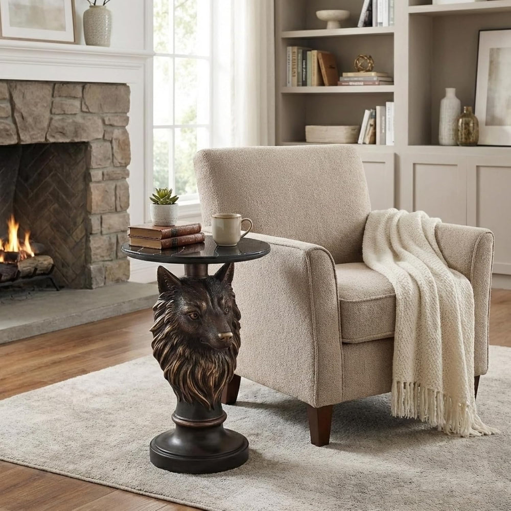 Wolf Head Side Table, Round End Table with 17.72" Black Faux Marble Top,...