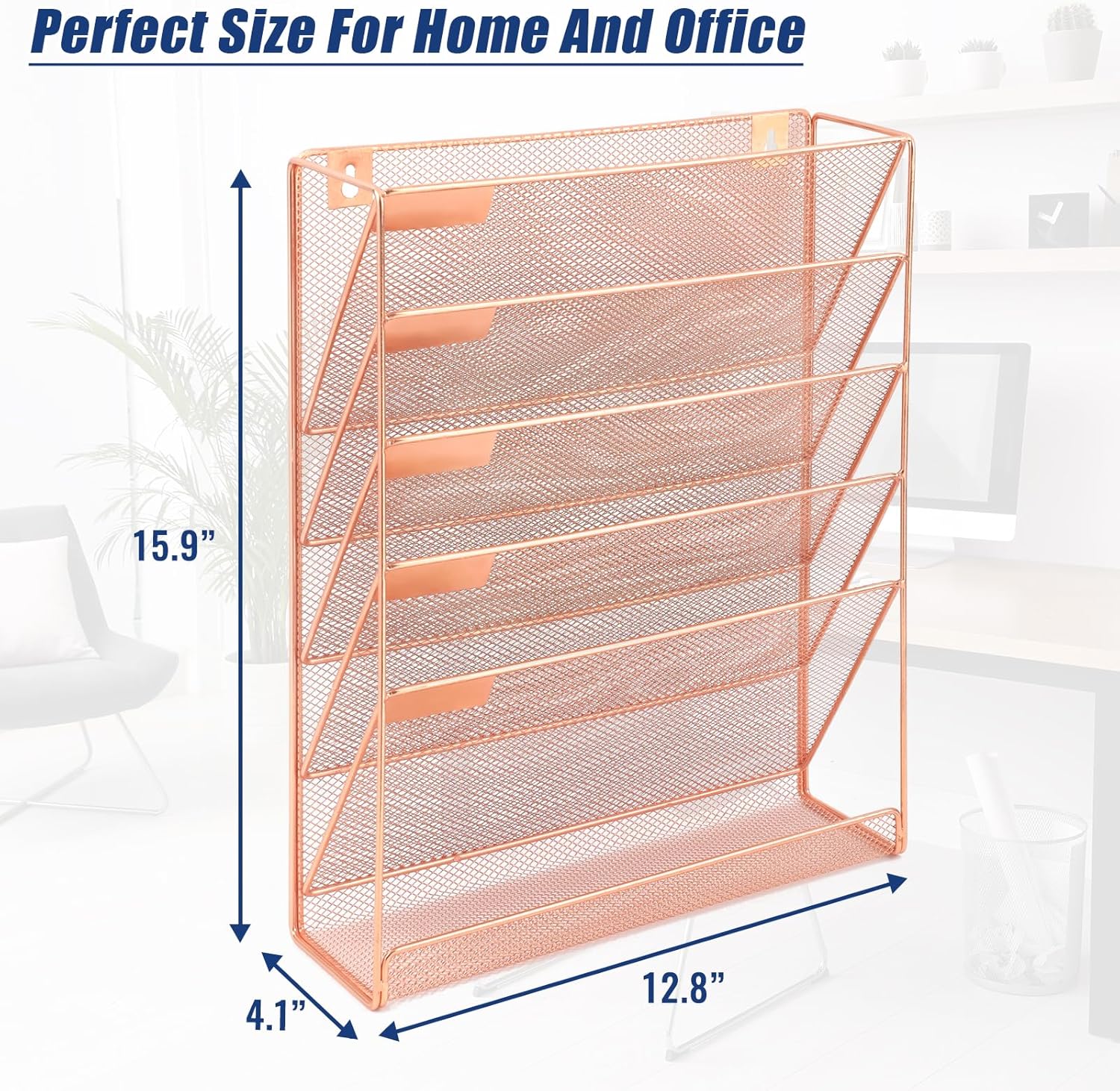 EASEPRES Desk File Organizer Mesh 6-Tier, Hanging Wall Mount Document Organization Stand, Desktop Vertical Mail Paper Folder Holder Rack with Bottom Tray for Office Home Cubicle Countertop, Rose Gold