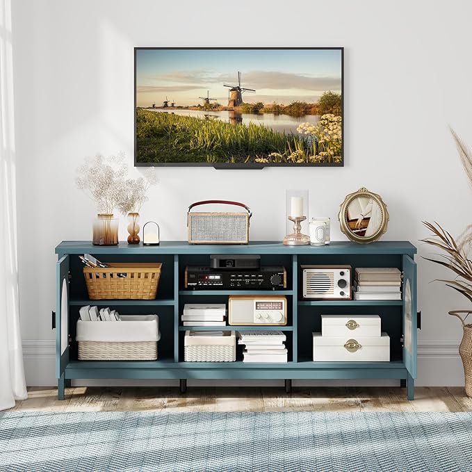 Giantex Farmhouse TV Stand for TVs up to 65", Modern Vintage Entertainment Center w/Storage, Adjustable Shelves, Cable Holes&Glass Doors, Media TV Console Table for Bedroom, Living Room (Teal Blue)