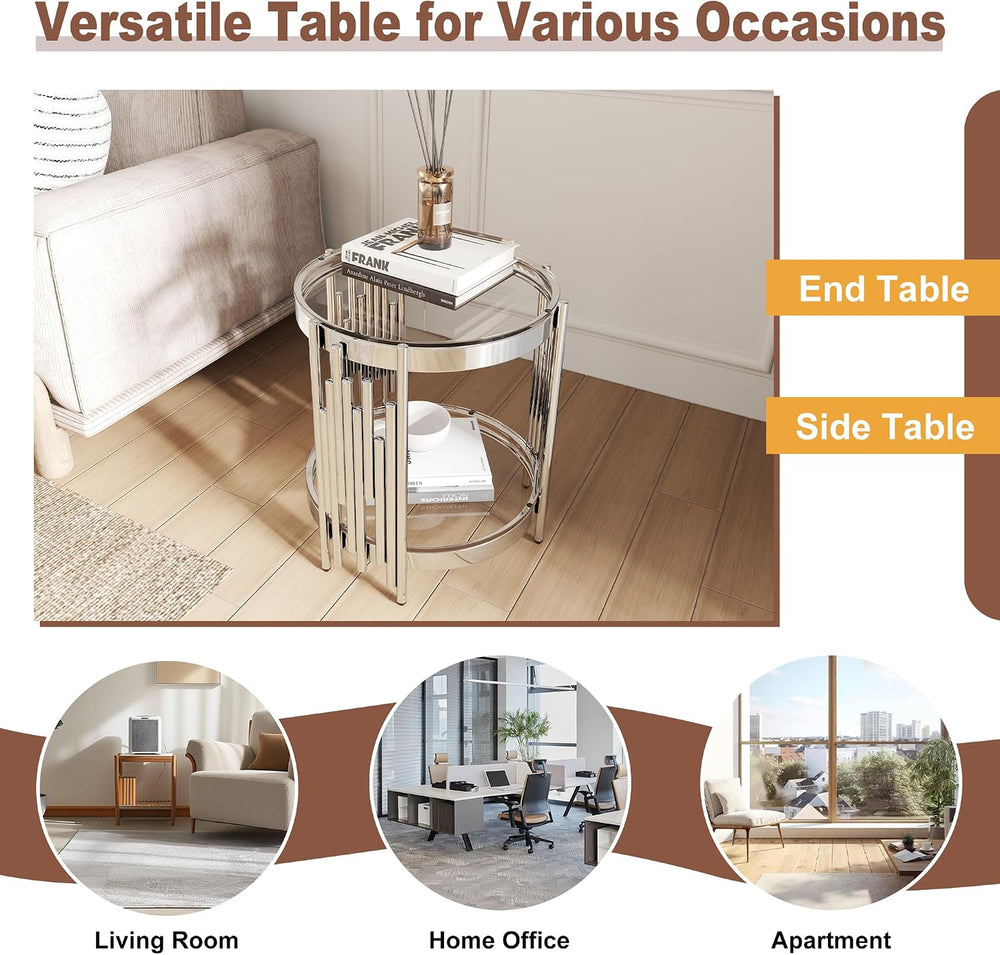 Round Glass End Table, 2-Tier Small Side Table with Tempered Glass Top and Sl...