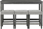 Merax Industrial Bar Table Set with Power Outlet, 4-Piece Counter Height Dining Set with Linen Fabric Stools for Kitchen, Breakfast Nook, Game Room,Black Gray+ Gray