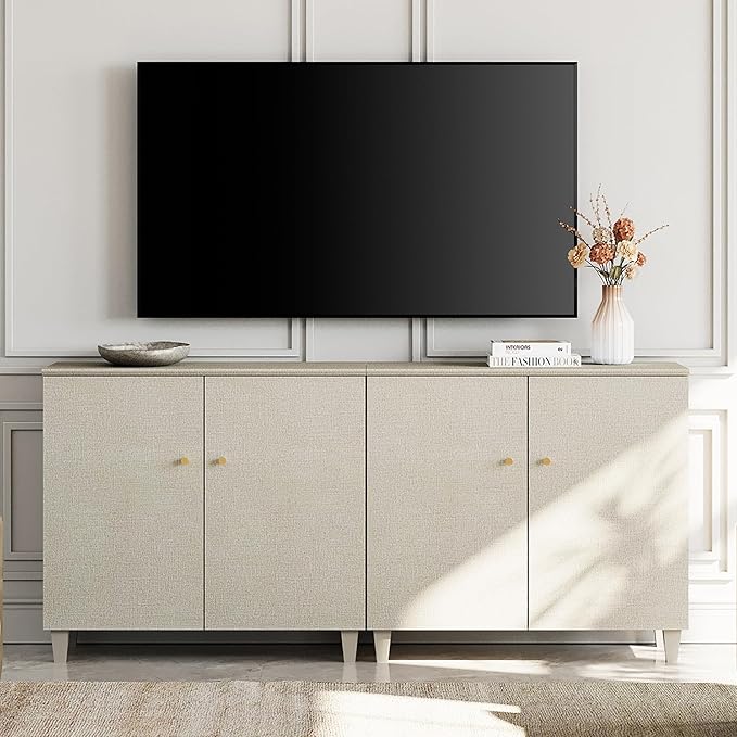 WAMPAT TV Stand Cabinets for TVs up to 75 Inches, 2-in-1 Wood Entertainment Center with Doors and 6 Compartments, 70.8" Modern Media Console Table with Storage for Living Room Bedroom, Beige Linen