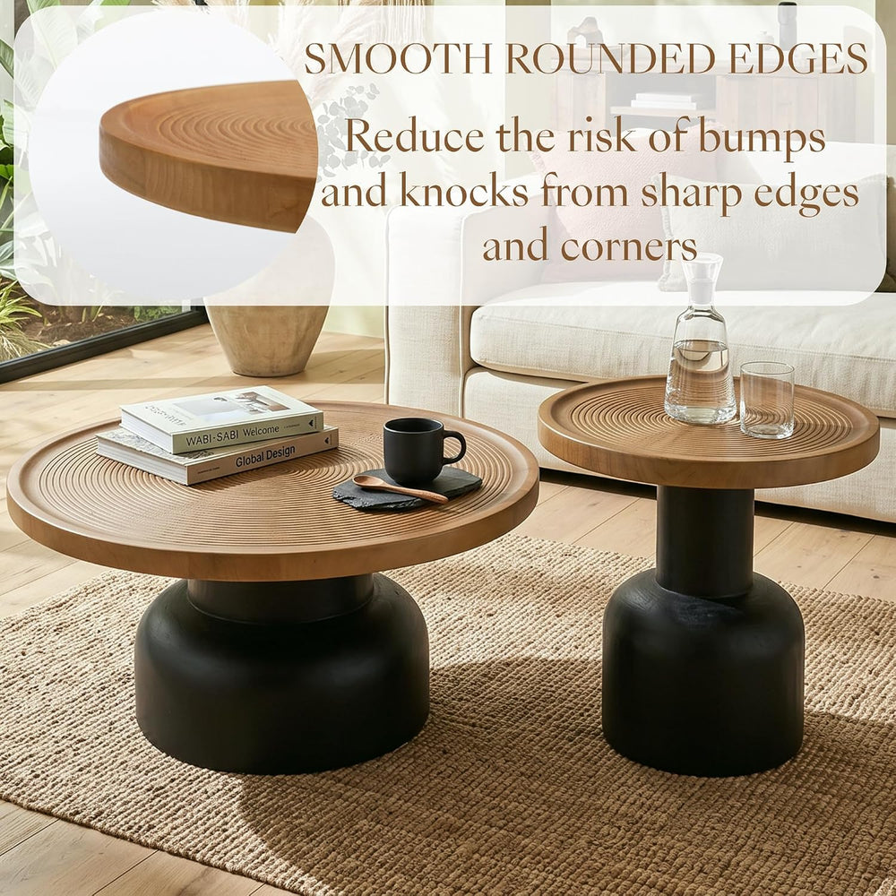 Round Nesting Coffee Table, Reclaimed Wood Top, Circle Texture,Natural | 2-Pi...