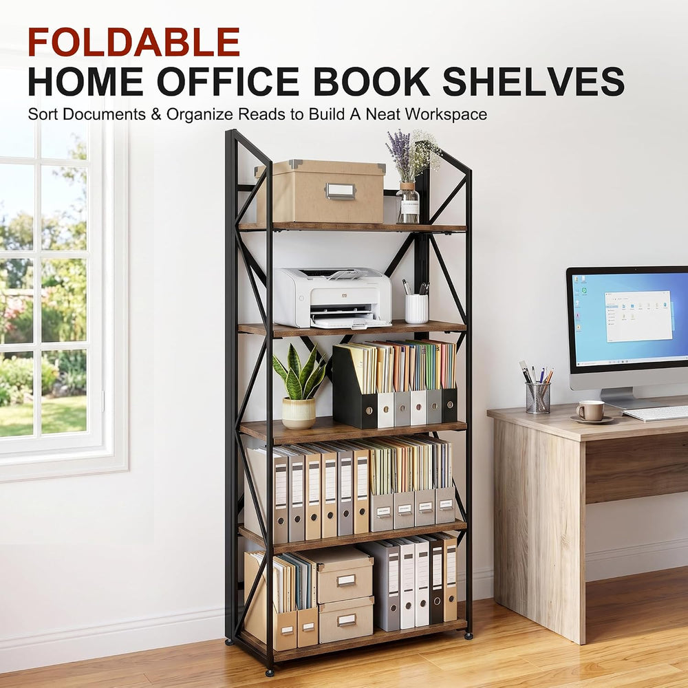 5 Tier Folding Bookshelf, No Assembly Foldable Storage Shelves, Brown