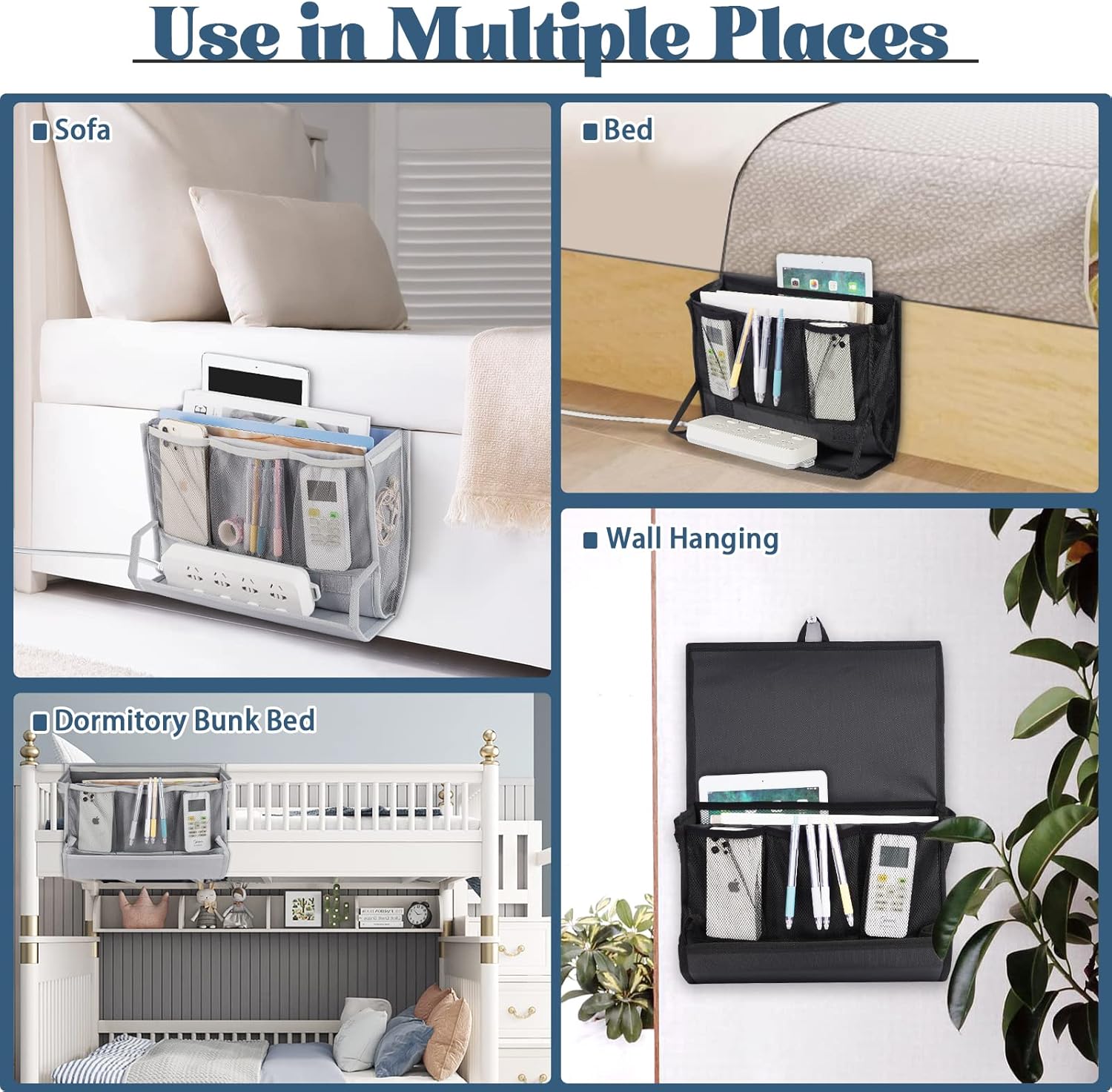 Bedside Storage Organizer with Power Strip Holder and Adjustable Straps Bed Hanging Bag for Home Bunk Bed Dorm Sofa (Light Gray)