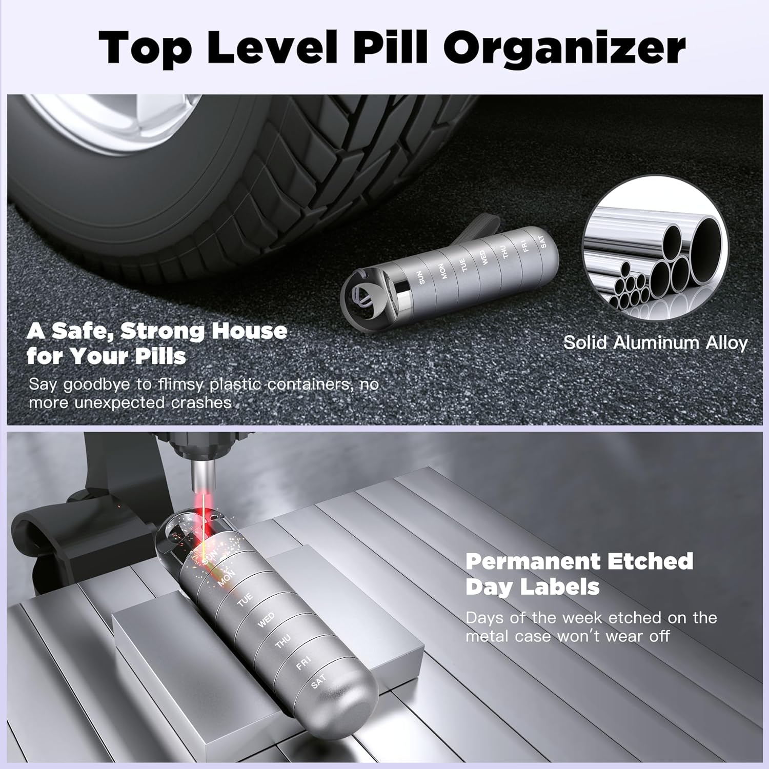 Zannaki Metal Travel Pill Organizer, Portable Waterproof Weekly Pill Box, Large Aluminum Alloy Pill Case Container, BPA Free 7 Day Daily Medicine Organizer Holder for Vitamin, Fish Oil, Supplement