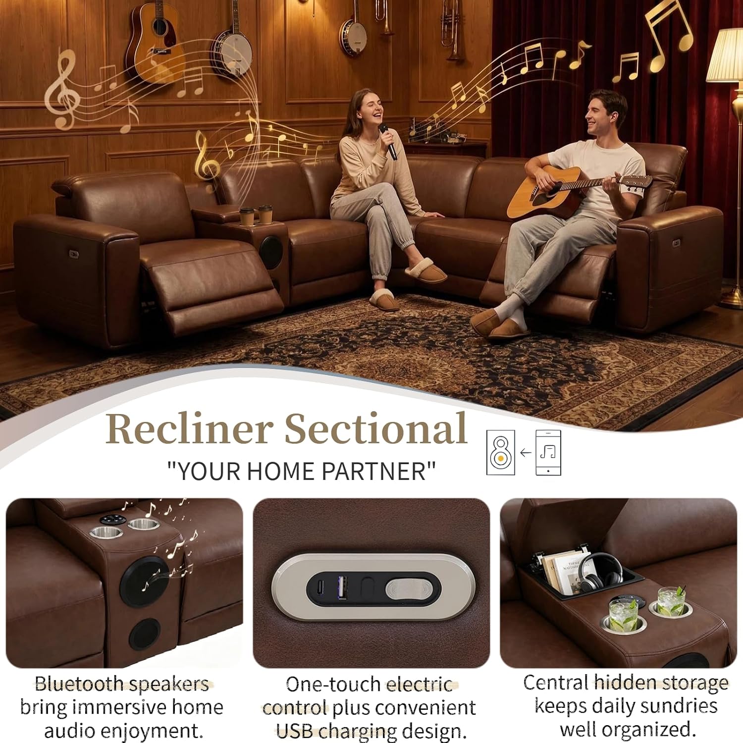 Power Reclining Sectional Sofa with Speakers, L-Shaped Air Leather Recliner Sectional Couch with USB Ports, Cup Holders & Storage Console, Luxury Living Room Furniture Set for Home, Office & Apartment