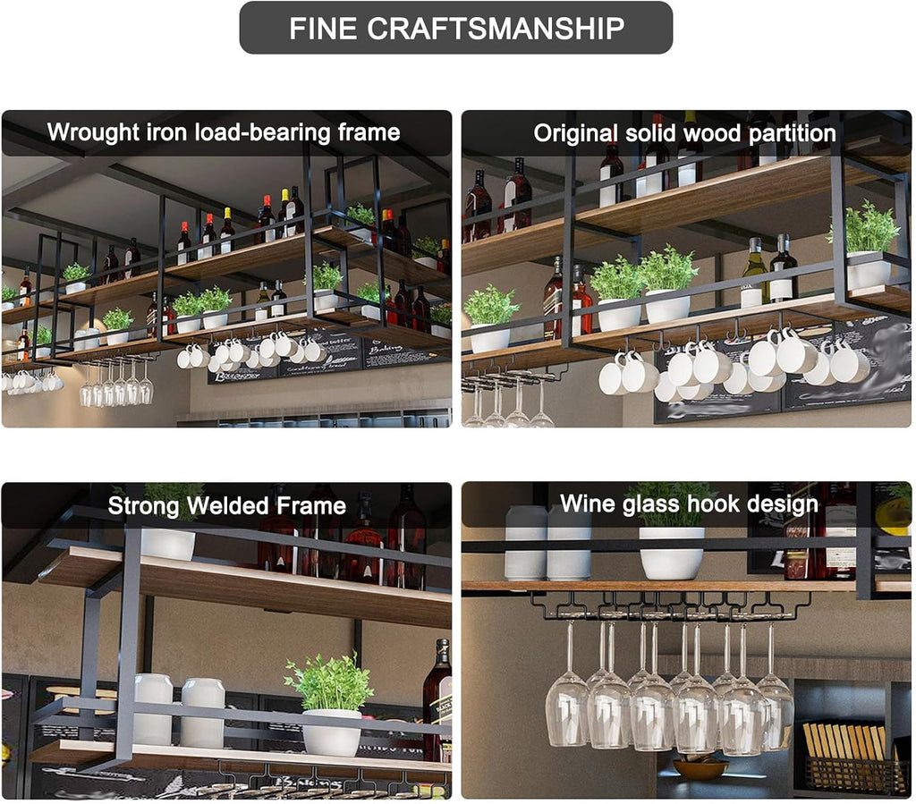 Ceiling Wine Glass Rack - 47.2in Hanging Wine Rack with Glass Holder and Shelf, 2 Layer Industrial Hanging Wine Bottle Holder, Black Metal Ceiling Shelf for Bar Cafe Kitchen (Black, 47.2×11.8×31.4in)