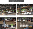 Ceiling Wine Glass Rack - 47.2in Hanging Wine Rack with Glass Holder and Shelf, 2 Layer Industrial Hanging Wine Bottle Holder, Black Metal Ceiling Shelf for Bar Cafe Kitchen (Black, 47.2×11.8×31.4in)