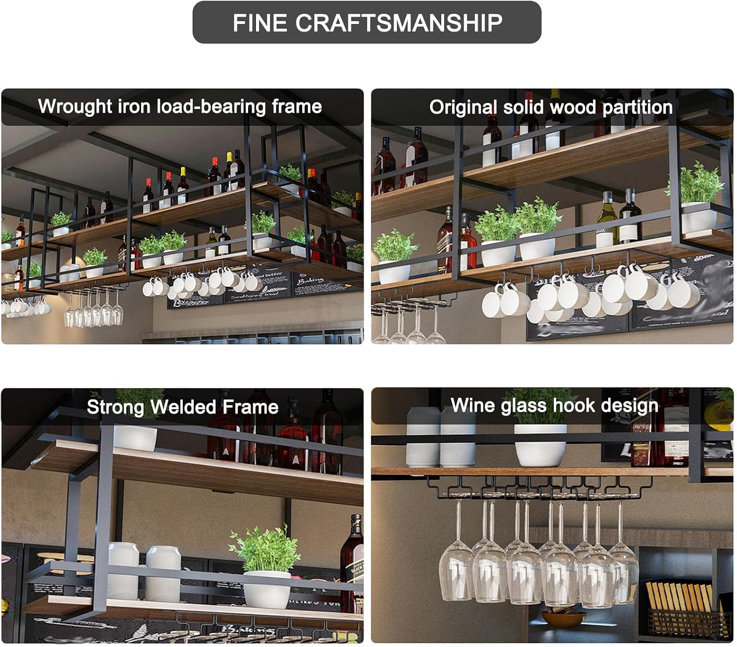 Ceiling Wine Glass Rack - 47.2in Hanging Wine Rack with Glass Holder and Shelf, 2 Layer Industrial Hanging Wine Bottle Holder, Black Metal Ceiling Shelf for Bar Cafe Kitchen (Black, 47.2×11.8×31.4in)