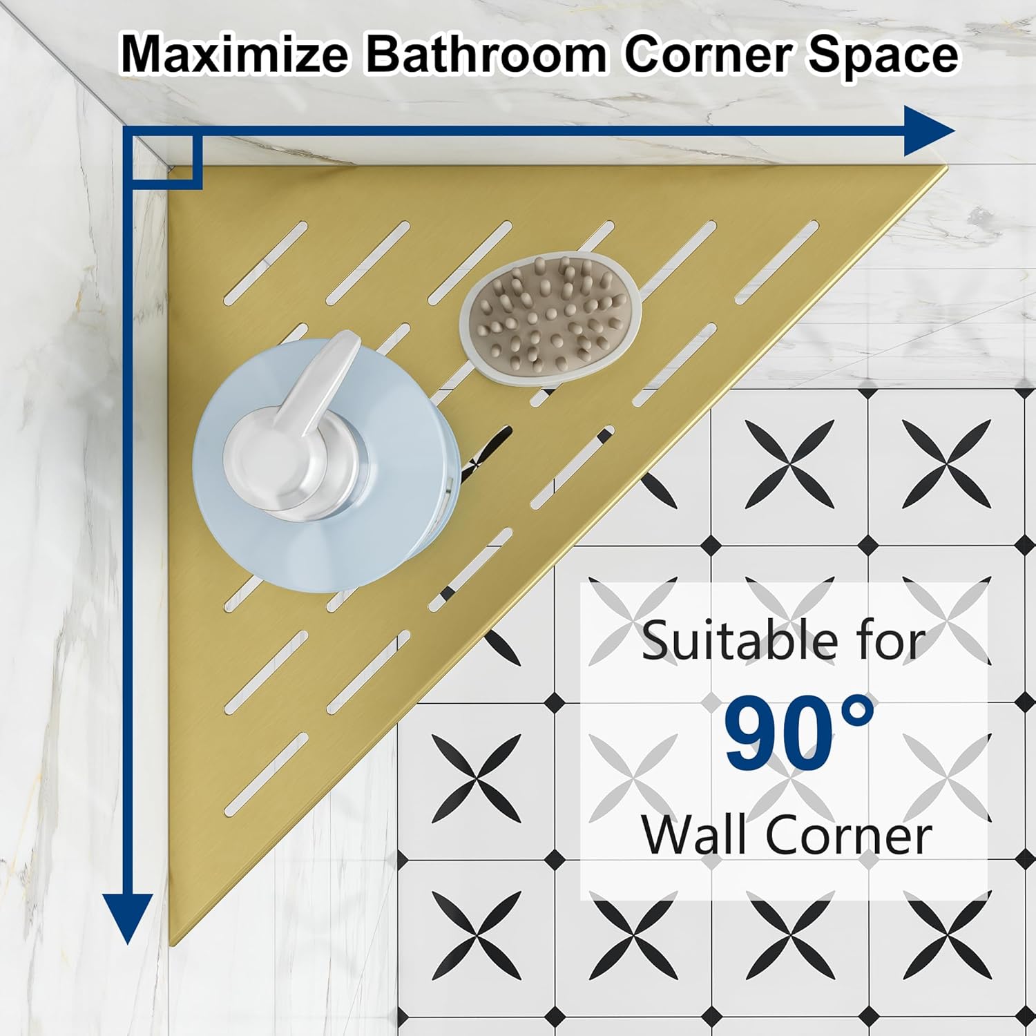 Corner Shower Shelves, 12” Recessed Tile Shower Shelf, 304 Stainless Steel Grout in Corner Tile Shower Shelves, No Drilling, Brushed Golden, 2 Pack