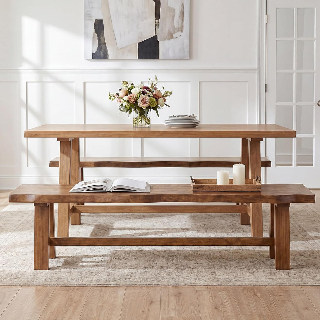 63" Long Solid Wood Dining Bench, Farmhouse Entryway Bench with Angled Legs for Dining Room, Kitchen, Entryway, Rustic Brown