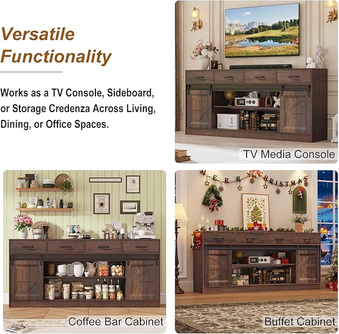 St.Mandyu 70" Large Farmhouse TV Stand for 85/80/75/70 Inch TVs w/4 Drawers,Rustic Tall Media Console w/Sliding Barn Door, Adjustable Shelves,Tall Entertainment Center for Living Room,Brown