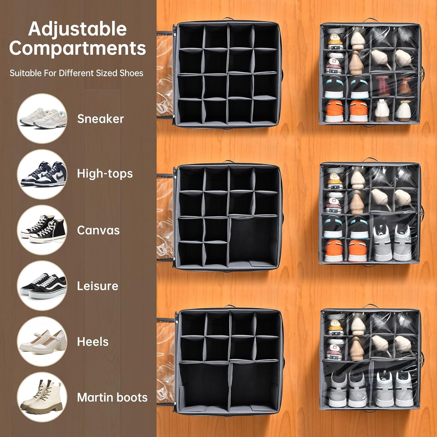 2 Pack Shoe Organizer for Closet,Fits up to 32 Pairs,Adjustable Dividers for Shoe Storage,Fabric Shoe Storage Bins with Clear Cover,Grey