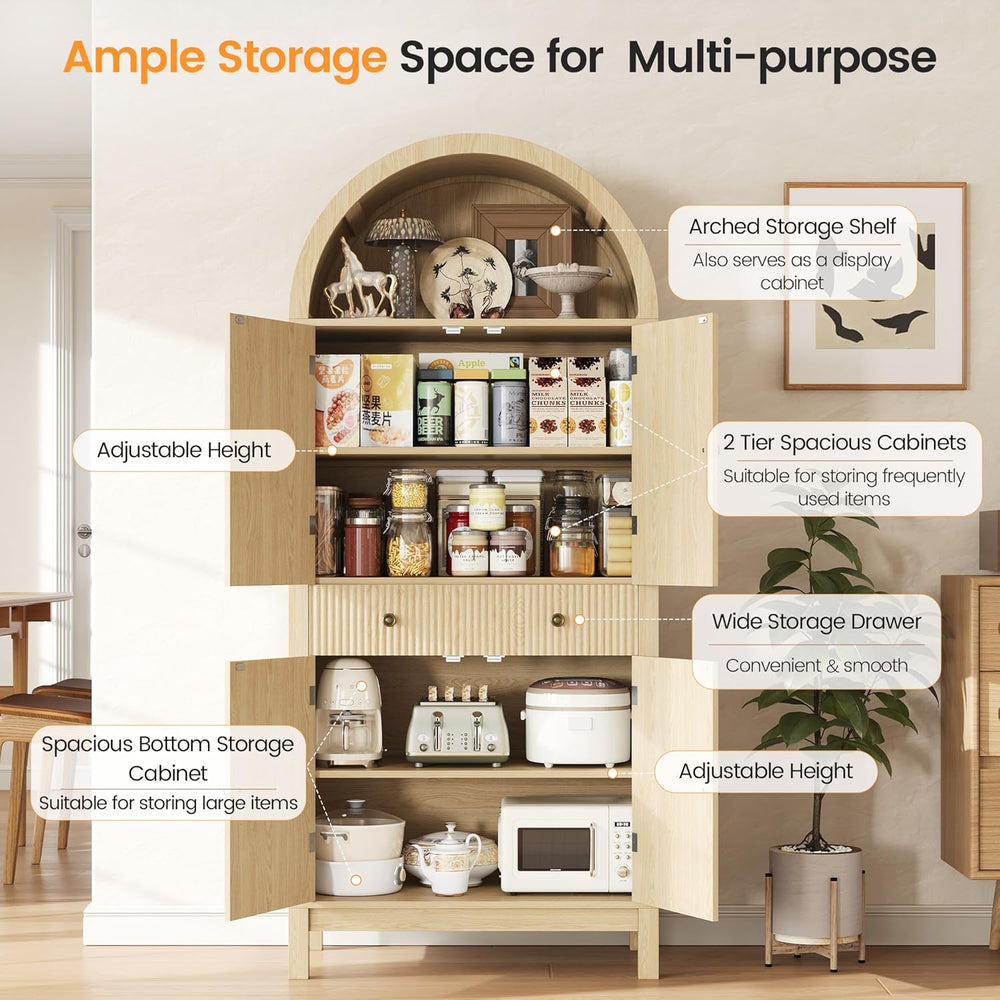 Apicizon 70" Tall Arched Kitchen Pantry Cabinet, 6-Tier Modern Fluted Wo...