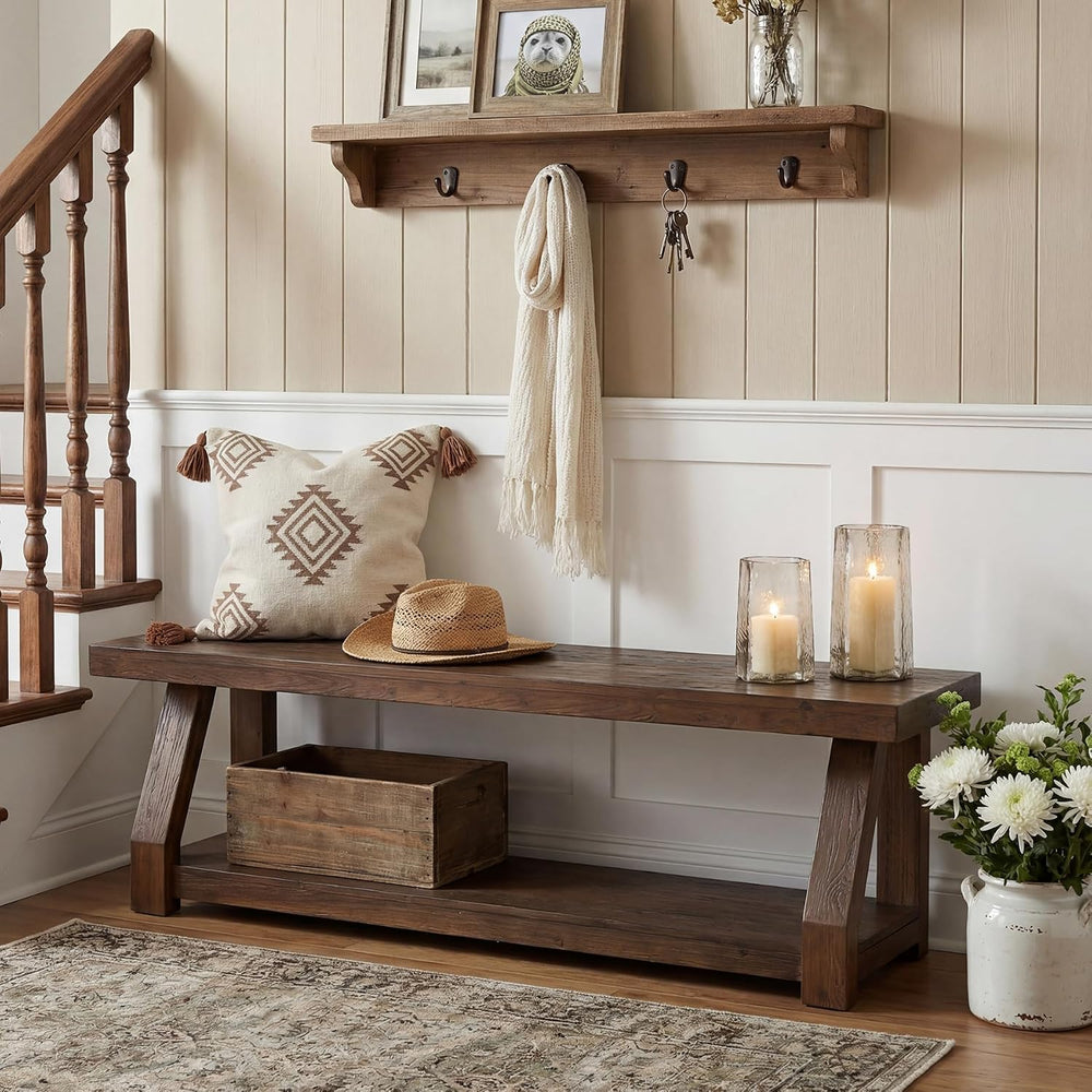63" Solid Wood Bench, 2-Tier Entryway Bench with Shoe Storage, Rustic Ha...