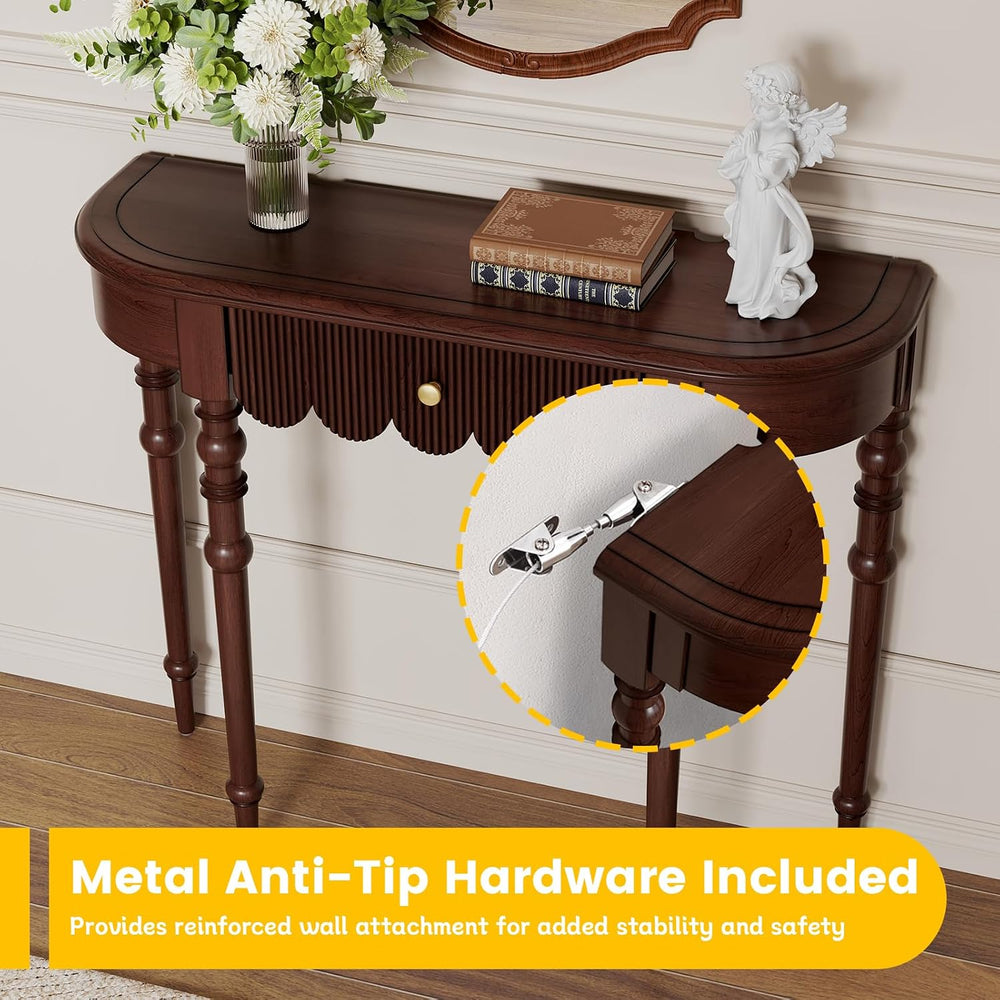 Solid Wood Console Table with Drawer – Dark Walnut Entryway Table with Scallo...