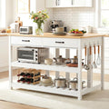Grepatio Kitchen Island with Power Outlets, 47 Inches Width Kitchen Shelf with Large Worktop, Wooden Island Counter with Shelves, 2 Drawers, and 4 Hooks for Living Room, White and Natural