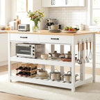 Grepatio Kitchen Island with Power Outlets, 47 Inches Width Kitchen Shelf with Large Worktop, Wooden Island Counter with Shelves, 2 Drawers, and 4 Hooks for Living Room, White and Natural