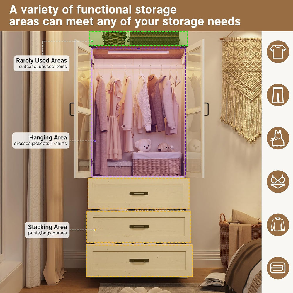 75" Tall Farmhouse 2 Doors Armoire Wardrobe Closet with 3 Drawers and LE...