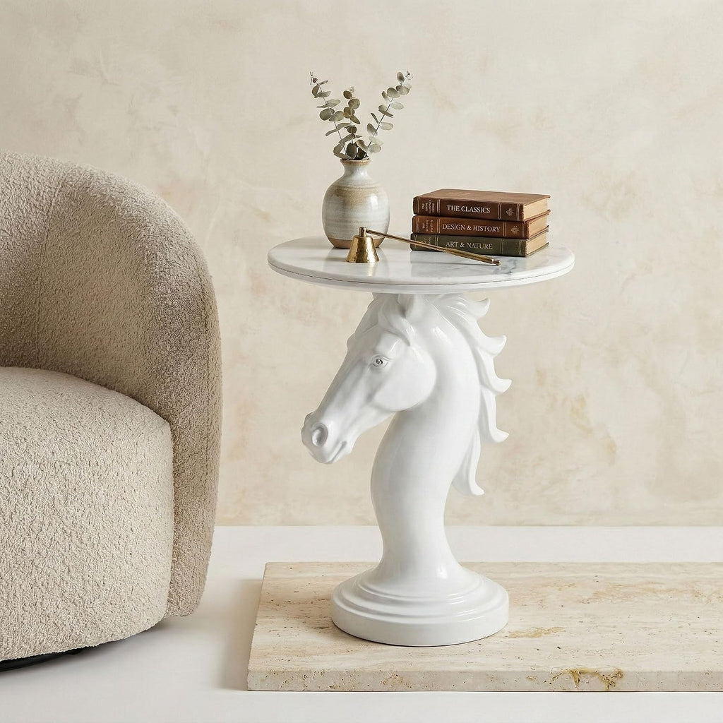 Modern Horse Statue Side Table - Round Faux Marble Top Accent Pedestal with Sculpture Base for Entryway & Living Room, White