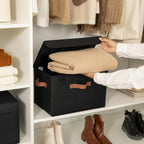 GRANNY SAYS Storage Bins with Lids, Decorative Storage Boxes with PU Handles, Black Storage Bin, Linen Closet Organizer, Shelf Baskets, Fabric Storage Bins for Clothes