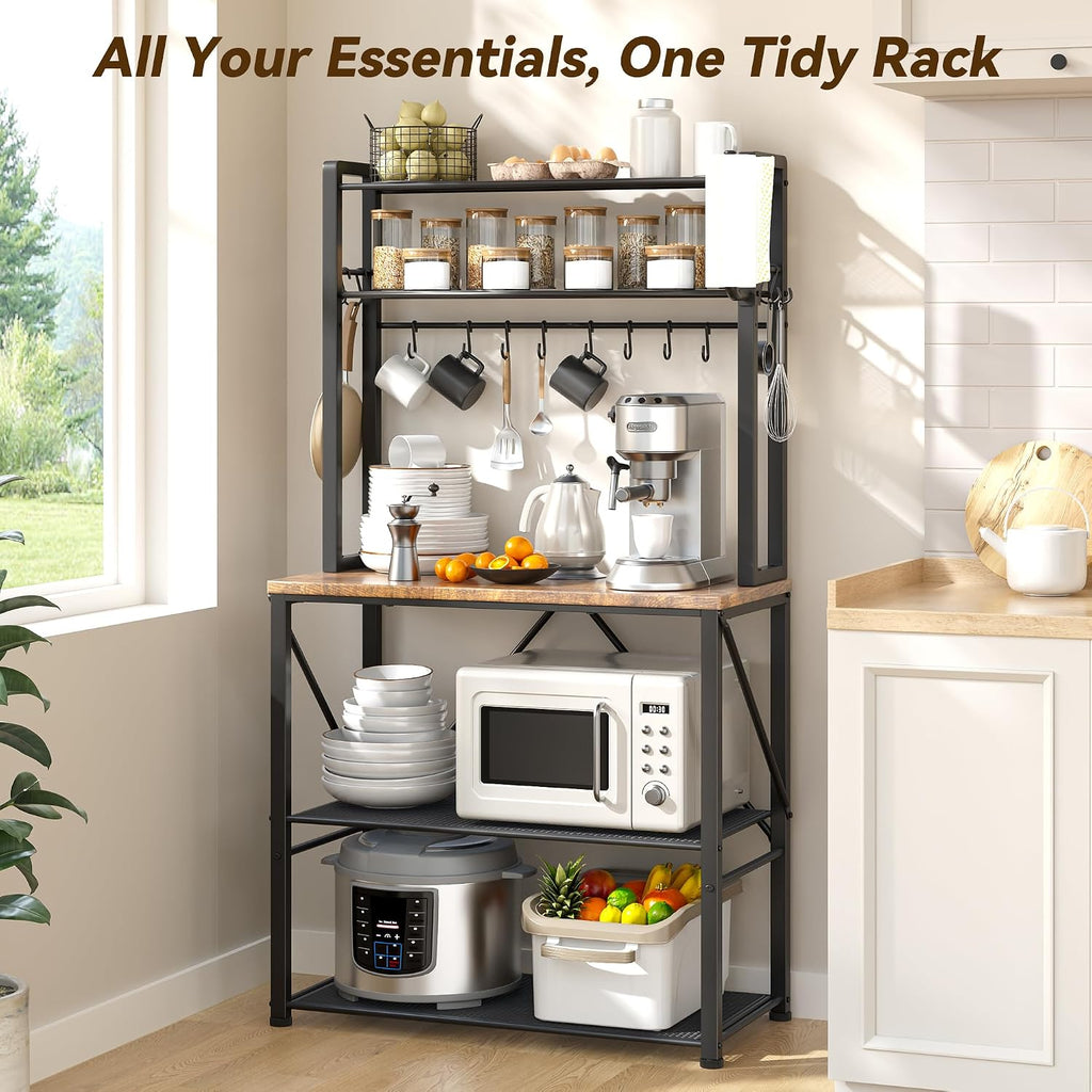 Coffee Bar, Bakers Rack with Storage, 25.6 Inches Microwave Stand, 5 Tier Kitchen Shelves Appliance Storage, 12 S Hooks Large Coffee Station for Spices, Pots and Pans, Rustic Brown