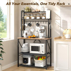 Coffee Bar, Bakers Rack with Storage, 25.6 Inches Microwave Stand, 5 Tier Kitchen Shelves Appliance Storage, 12 S Hooks Large Coffee Station for Spices, Pots and Pans, Rustic Brown