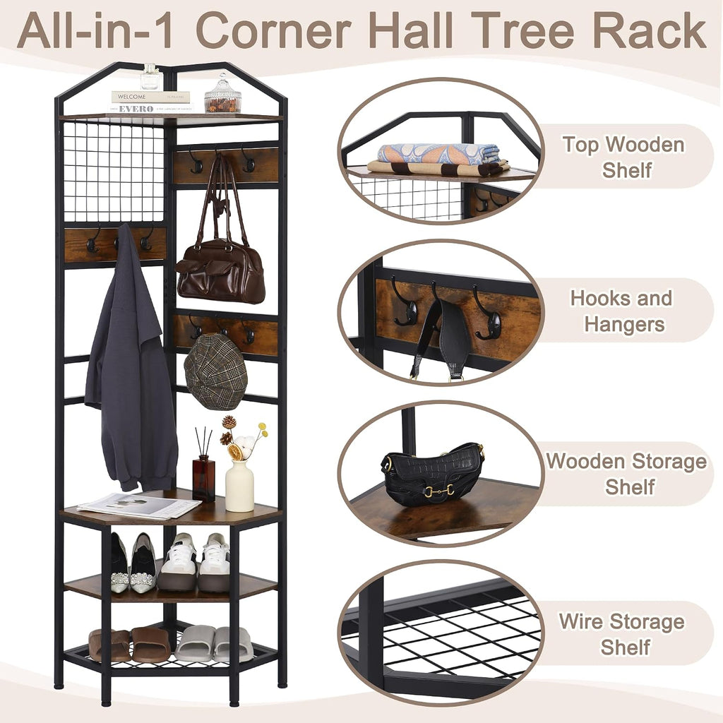 Heavy Duty Corner Hall Tree Organizer, 3-in-1 Industrial Freestanding Coat Storage Rack with Hooks and 4 Wooden Shelves for Entryway, Black