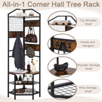 Heavy Duty Corner Hall Tree Organizer, 3-in-1 Industrial Freestanding Coat Storage Rack with Hooks and 4 Wooden Shelves for Entryway, Black