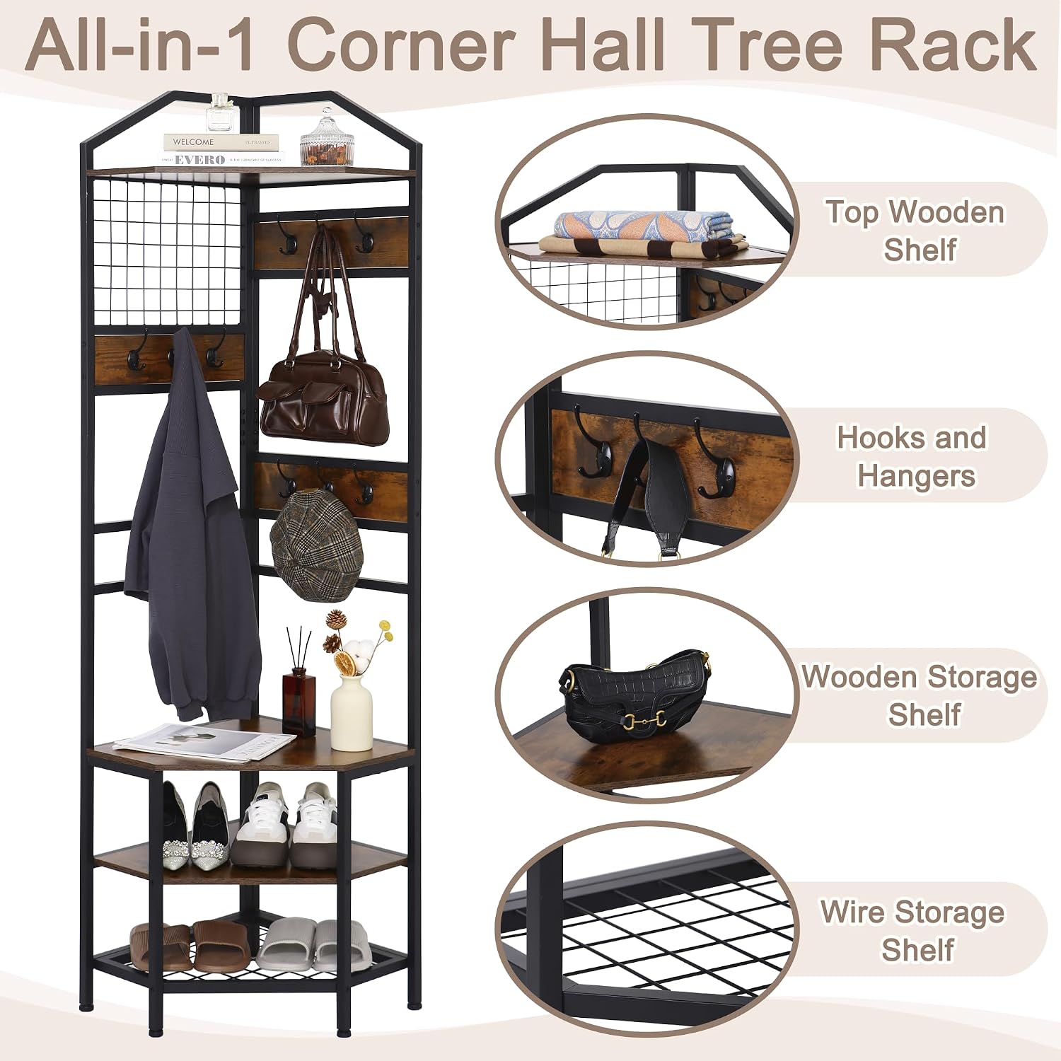 Heavy Duty Corner Hall Tree Organizer, 3-in-1 Industrial Freestanding Coat Storage Rack with Hooks and 4 Wooden Shelves for Entryway, Black